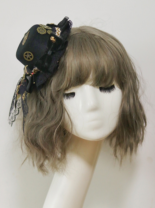 Punk Style Retro Lace Diamond-Shaped Checkerboard Gear Decoration Bow Small Hat Gothic Lolita Hairpin