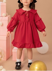 Red Cute Doll Collar Ruffle Bow-Knot Splicing Puff Sleeves Minimalistic Sweet Lolita Kids Dress