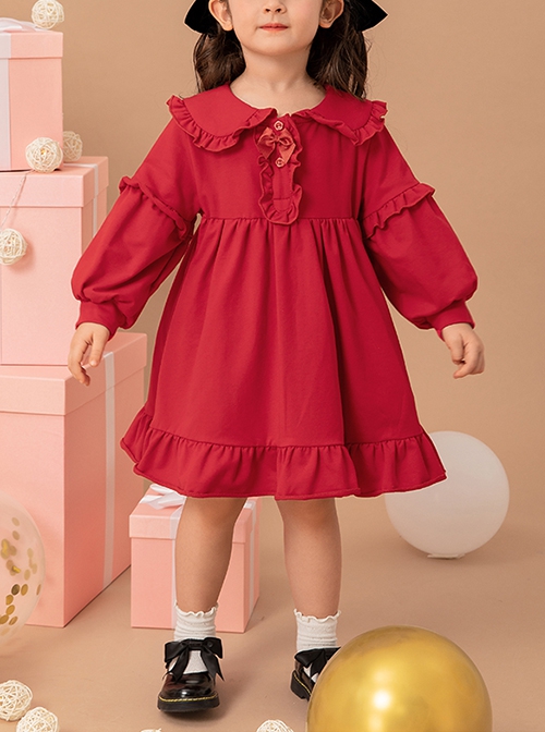 Red Cute Doll Collar Ruffle Bow-Knot Splicing Puff Sleeves Minimalistic Sweet Lolita Kids Dress