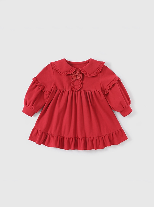 Red Cute Doll Collar Ruffle Bow-Knot Splicing Puff Sleeves Minimalistic Sweet Lolita Kids Dress