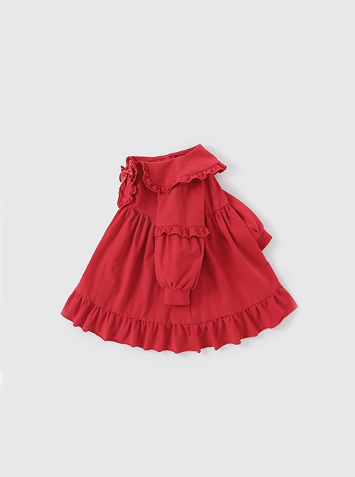 Red Cute Doll Collar Ruffle Bow-Knot Splicing Puff Sleeves Minimalistic Sweet Lolita Kids Dress