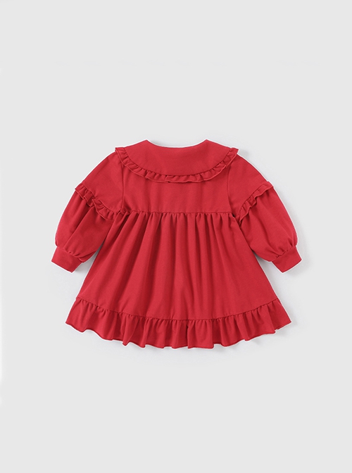 Red Cute Doll Collar Ruffle Bow-Knot Splicing Puff Sleeves Minimalistic Sweet Lolita Kids Dress