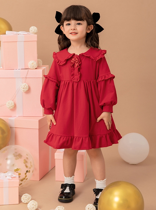 Red Cute Doll Collar Ruffle Bow-Knot Splicing Puff Sleeves Minimalistic Sweet Lolita Kids Dress