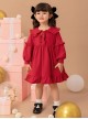 Red Cute Doll Collar Ruffle Bow-Knot Splicing Puff Sleeves Minimalistic Sweet Lolita Kids Dress