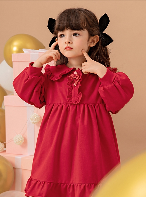 Red Cute Doll Collar Ruffle Bow-Knot Splicing Puff Sleeves Minimalistic Sweet Lolita Kids Dress