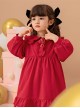 Red Cute Doll Collar Ruffle Bow-Knot Splicing Puff Sleeves Minimalistic Sweet Lolita Kids Dress