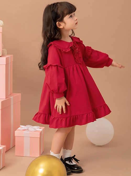 Red Cute Doll Collar Ruffle Bow-Knot Splicing Puff Sleeves Minimalistic Sweet Lolita Kids Dress