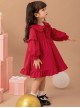 Red Cute Doll Collar Ruffle Bow-Knot Splicing Puff Sleeves Minimalistic Sweet Lolita Kids Dress