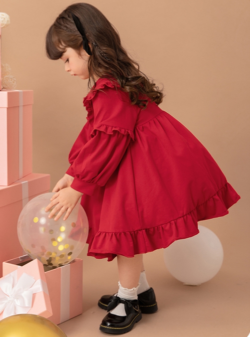 Red Cute Doll Collar Ruffle Bow-Knot Splicing Puff Sleeves Minimalistic Sweet Lolita Kids Dress