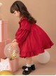 Red Cute Doll Collar Ruffle Bow-Knot Splicing Puff Sleeves Minimalistic Sweet Lolita Kids Dress