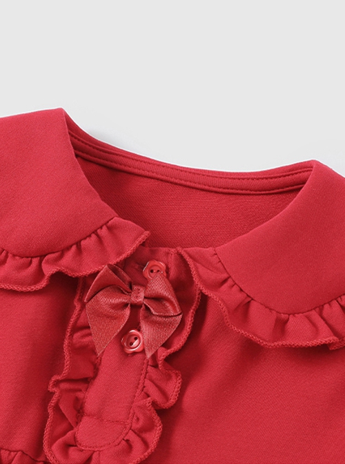 Red Cute Doll Collar Ruffle Bow-Knot Splicing Puff Sleeves Minimalistic Sweet Lolita Kids Dress