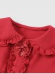 Red Cute Doll Collar Ruffle Bow-Knot Splicing Puff Sleeves Minimalistic Sweet Lolita Kids Dress