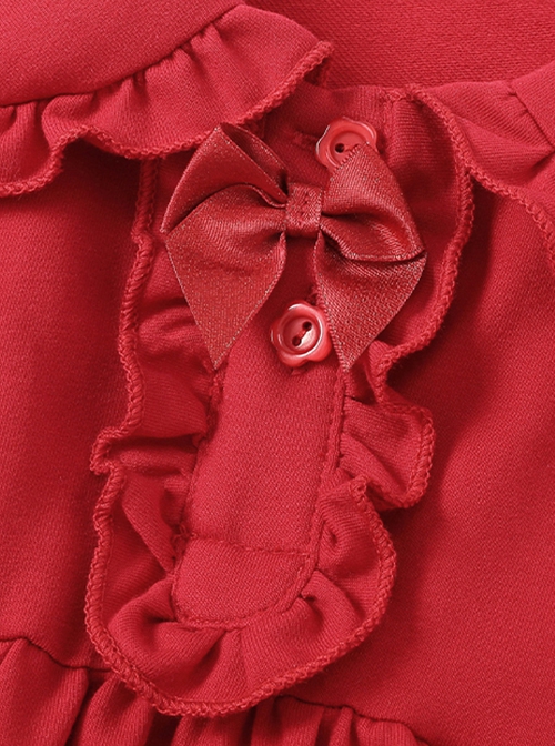 Red Cute Doll Collar Ruffle Bow-Knot Splicing Puff Sleeves Minimalistic Sweet Lolita Kids Dress