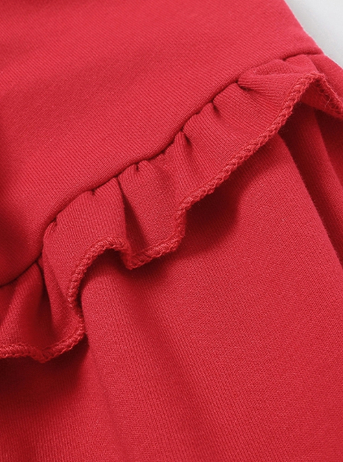 Red Cute Doll Collar Ruffle Bow-Knot Splicing Puff Sleeves Minimalistic Sweet Lolita Kids Dress