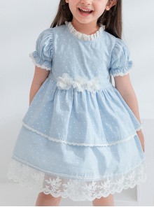 Flower Cute Puff Sleeve Lace Double Layer Hem Polka Dot Short Sleeve Classic Lolita Kids Dress