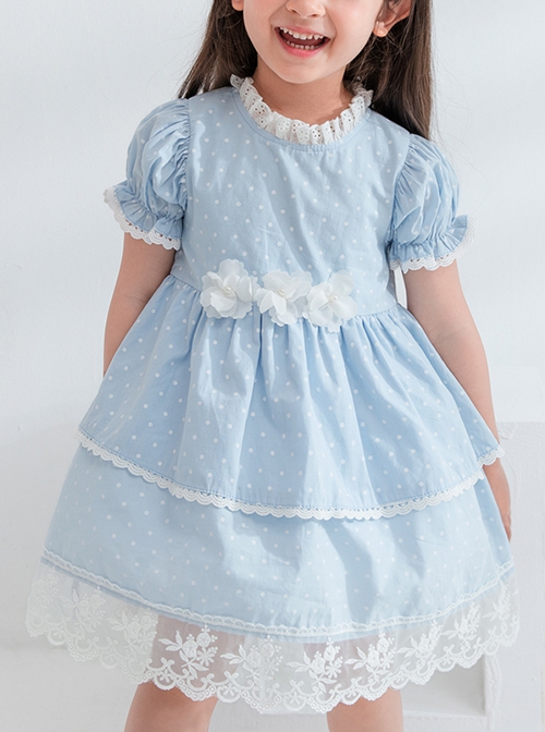 Flower Cute Puff Sleeve Lace Double Layer Hem Polka Dot Short Sleeve Classic Lolita Kids Dress