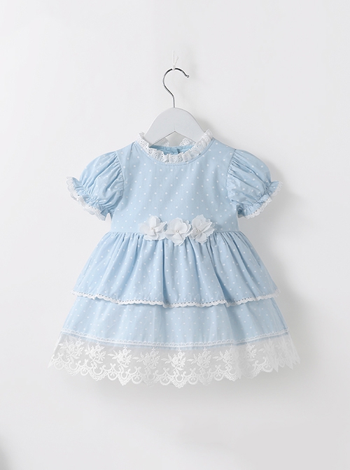 Flower Cute Puff Sleeve Lace Double Layer Hem Polka Dot Short Sleeve Classic Lolita Kids Dress