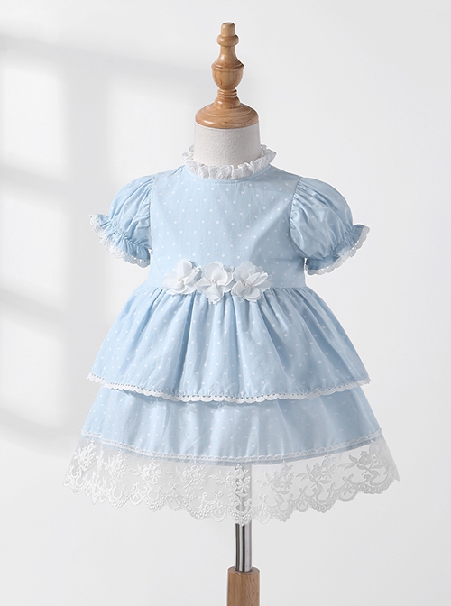 Flower Cute Puff Sleeve Lace Double Layer Hem Polka Dot Short Sleeve Classic Lolita Kids Dress