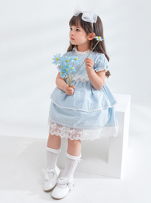 Flower Cute Puff Sleeve Lace Double Layer Hem Polka Dot Short Sleeve Classic Lolita Kids Dress