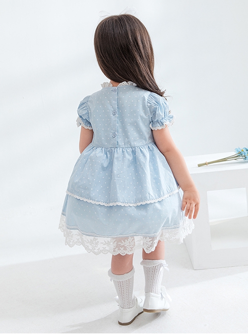 Flower Cute Puff Sleeve Lace Double Layer Hem Polka Dot Short Sleeve Classic Lolita Kids Dress