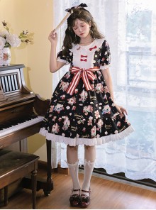 Doll Collar Lace Bear Strawberry Print Puff Sleeve Bow Red And White Striped Belt Sweet Lolita Short Sleeve Dress