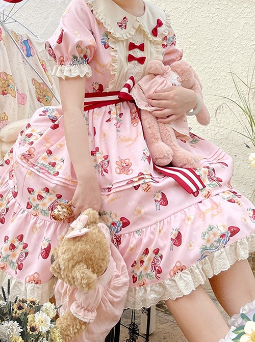 Doll Collar Lace Bear Strawberry Print Puff Sleeve Bow Red And White Striped Belt Sweet Lolita Short Sleeve Dress