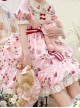 Doll Collar Lace Bear Strawberry Print Puff Sleeve Bow Red And White Striped Belt Sweet Lolita Short Sleeve Dress
