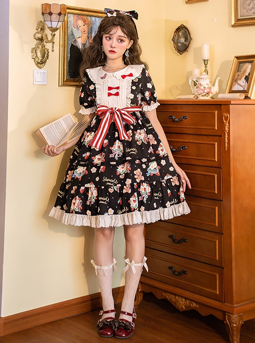 Doll Collar Lace Bear Strawberry Print Puff Sleeve Bow Red And White Striped Belt Sweet Lolita Short Sleeve Dress