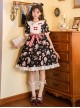 Doll Collar Lace Bear Strawberry Print Puff Sleeve Bow Red And White Striped Belt Sweet Lolita Short Sleeve Dress