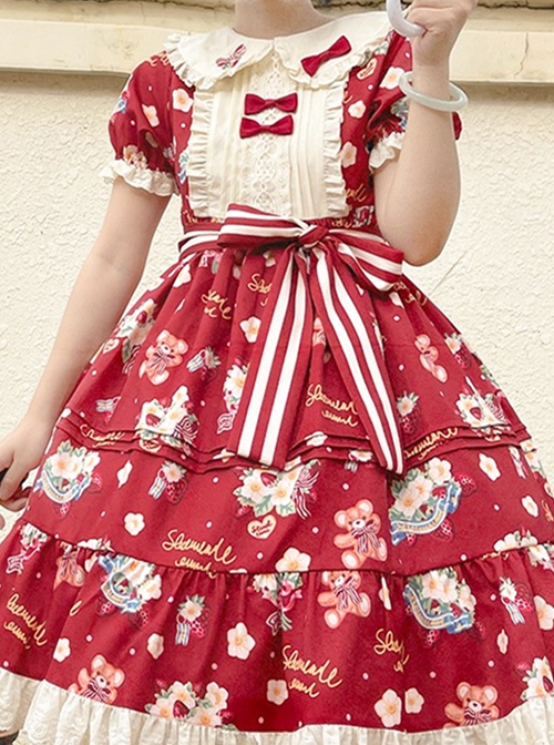 Doll Collar Lace Bear Strawberry Print Puff Sleeve Bow Red And White Striped Belt Sweet Lolita Short Sleeve Dress