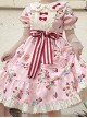 Doll Collar Lace Bear Strawberry Print Puff Sleeve Bow Red And White Striped Belt Sweet Lolita Short Sleeve Dress