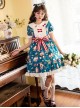 Doll Collar Lace Bear Strawberry Print Puff Sleeve Bow Red And White Striped Belt Sweet Lolita Short Sleeve Dress