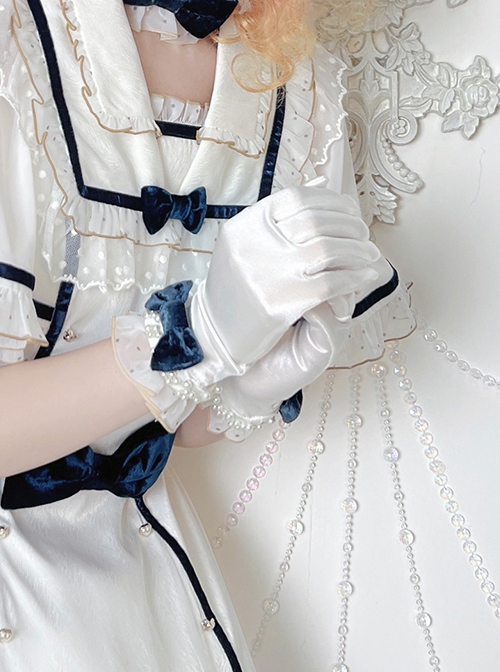 Bow Pearl Embellished Ruffled Polka Dot Solid Classic Lolita Gloves