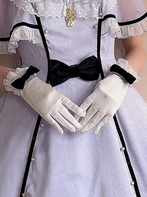 Bow Pearl Embellished Ruffled Polka Dot Solid Classic Lolita Gloves