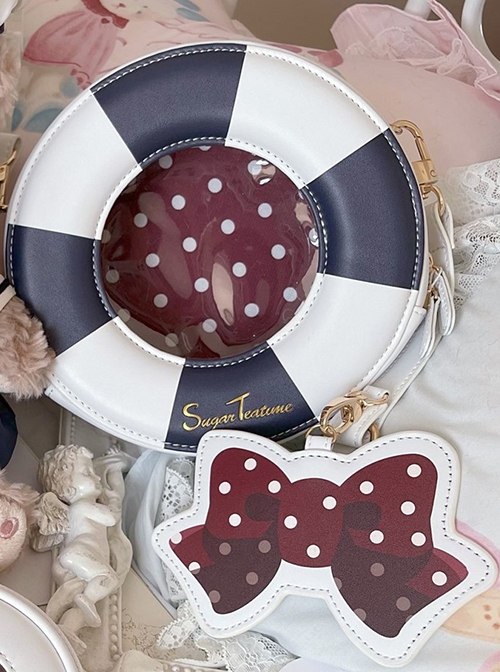 Small Navy Series Polka Dot Bow Pendant Contrast Color Swim Ring Letter Print Classic Lolita Crossbody Bag