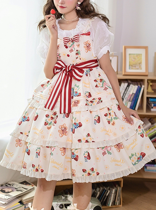 Little Bear Strawberry Print Red-White Striped Bow Belt Sweet Lolita Lace Ruffle Sleeveless Dress