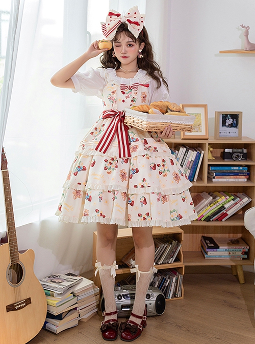 Little Bear Strawberry Print Red-White Striped Bow Belt Sweet Lolita Lace Ruffle Sleeveless Dress