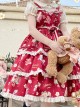 Little Bear Strawberry Print Red-White Striped Bow Belt Sweet Lolita Lace Ruffle Sleeveless Dress