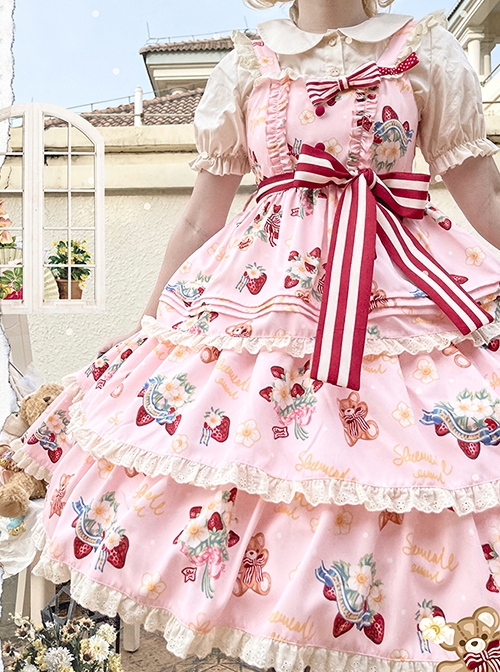 Little Bear Strawberry Print Red-White Striped Bow Belt Sweet Lolita Lace Ruffle Sleeveless Dress