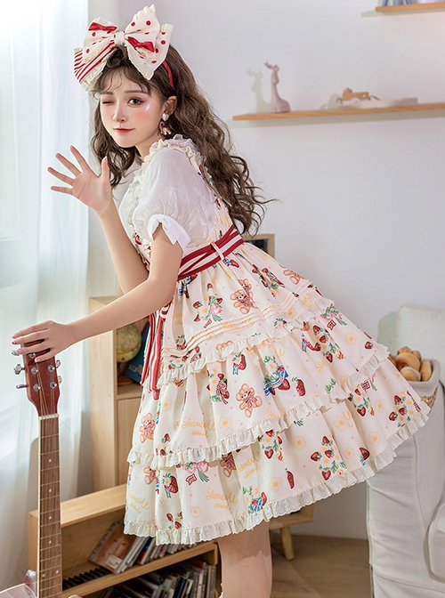 Little Bear Strawberry Print Red-White Striped Bow Belt Sweet Lolita Lace Ruffle Sleeveless Dress