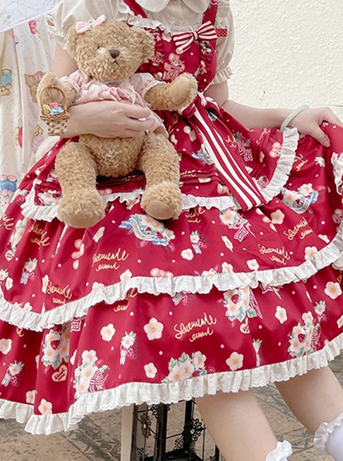 Little Bear Strawberry Print Red-White Striped Bow Belt Sweet Lolita Lace Ruffle Sleeveless Dress