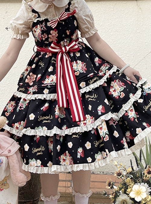 Little Bear Strawberry Print Red-White Striped Bow Belt Sweet Lolita Lace Ruffle Sleeveless Dress