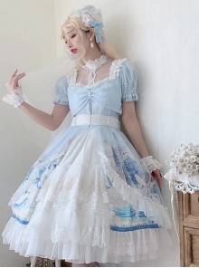 Swan Lake Series Lace Ruffled Puff Sleeves Chest Bow Design Pearl Decoration Classic Lolita Short Sleeve Dress