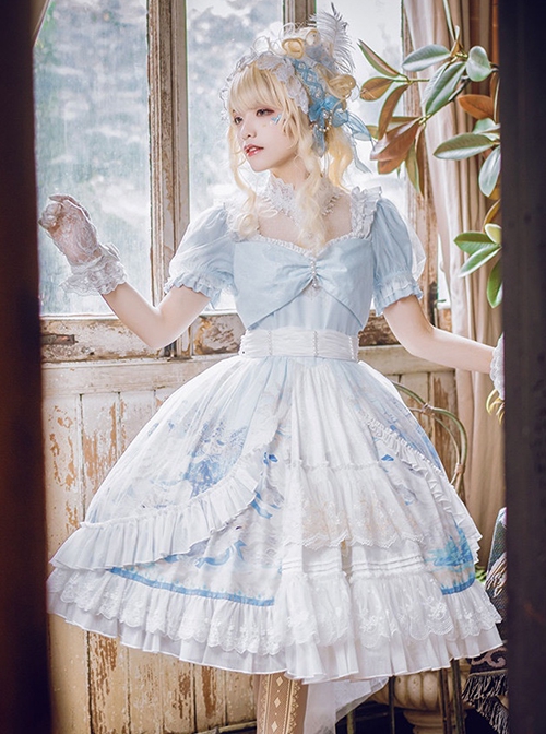 Swan Lake Series Lace Ruffled Puff Sleeves Chest Bow Design Pearl Decoration Classic Lolita Short Sleeve Dress