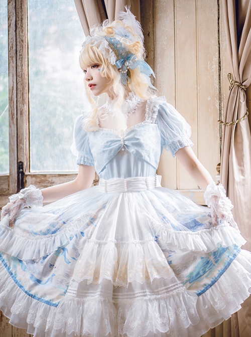 Swan Lake Series Lace Ruffled Puff Sleeves Chest Bow Design Pearl Decoration Classic Lolita Short Sleeve Dress