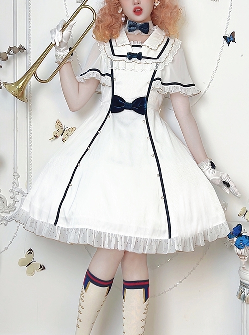 Herringbone Jacquard Polka Dot Chiffon Lace Shawl Sleeve Design Bow Classic Lolita Short Sleeve Dress