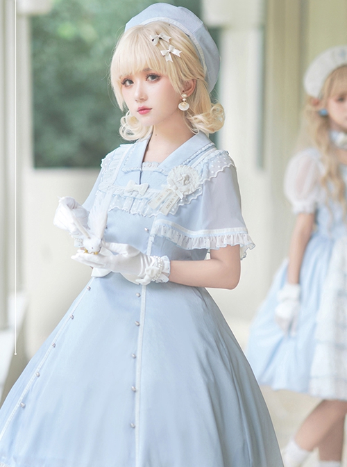 Herringbone Jacquard Polka Dot Chiffon Lace Shawl Sleeve Design Bow Classic Lolita Short Sleeve Dress