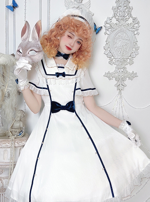 Herringbone Jacquard Polka Dot Chiffon Lace Shawl Sleeve Design Bow Classic Lolita Short Sleeve Dress