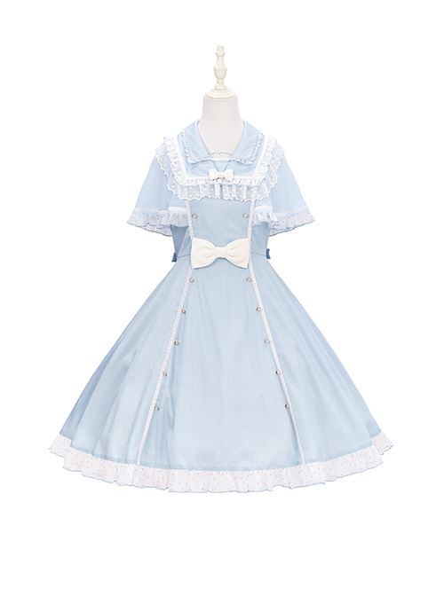 Herringbone Jacquard Polka Dot Chiffon Lace Shawl Sleeve Design Bow Classic Lolita Short Sleeve Dress