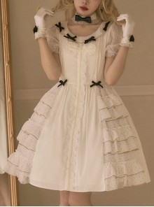 Bow Petal Collar Polka Dot Chiffon Puff Sleeve Pearl Ruffle Crucifix Design Classic Lolita Short Sleeve Dress